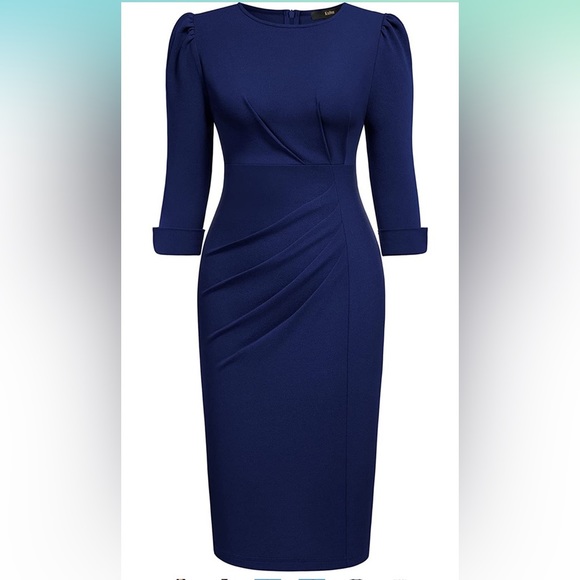 NWT Knitee Navy Blue Vintage Stretch 3/4 Sleeve Ruched Bodycon Pencil Dress XXL - Picture 2 of 6